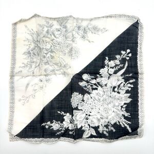French Country Toile Floral Handkerchief Vintage Black White Cotton Hanky